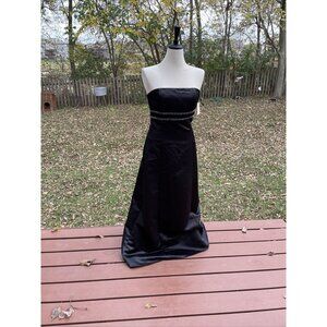 Black Strapless Satin Formal Gown W/ Beaded Waist Detail & Back Zipper Closure